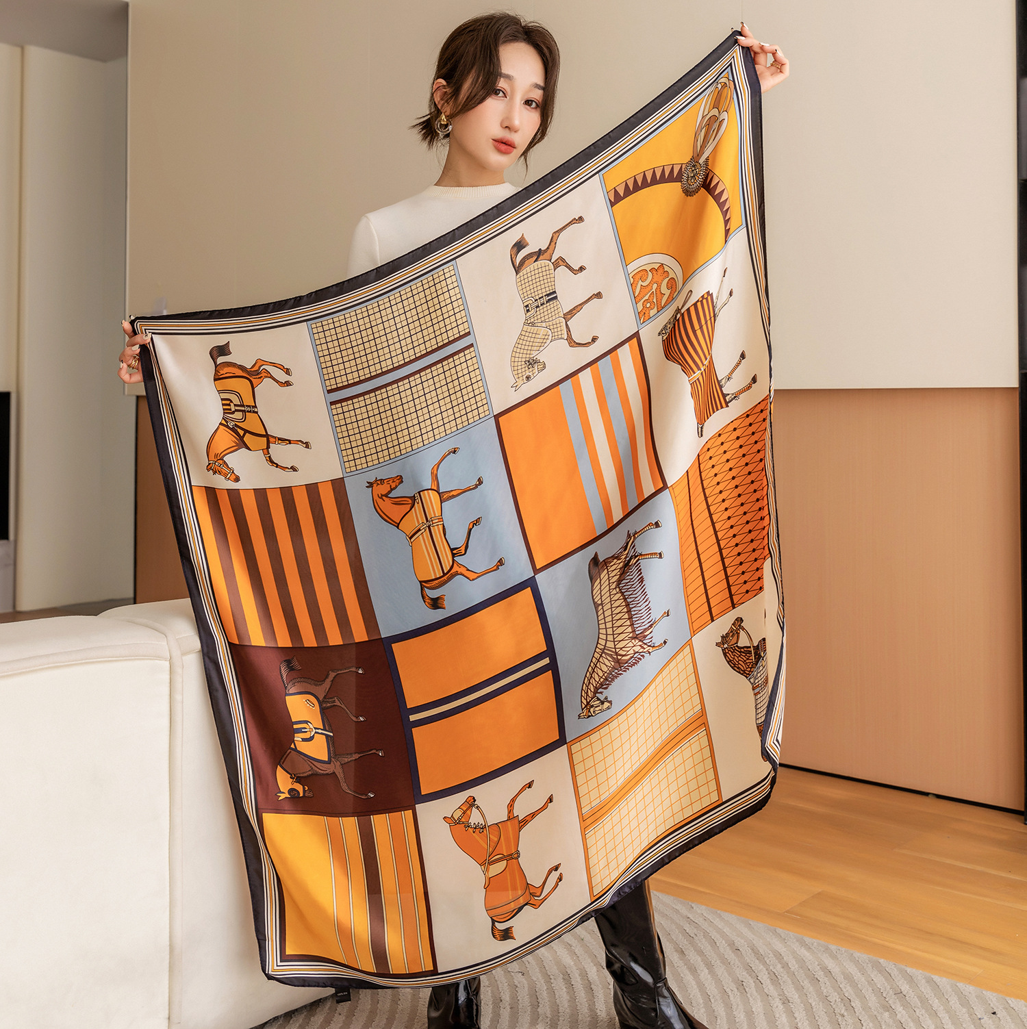 Women Windproof Outdoor Head Wrap, Luxury Horse Print Square Scarf, Vintage Imitation Silk Shawl