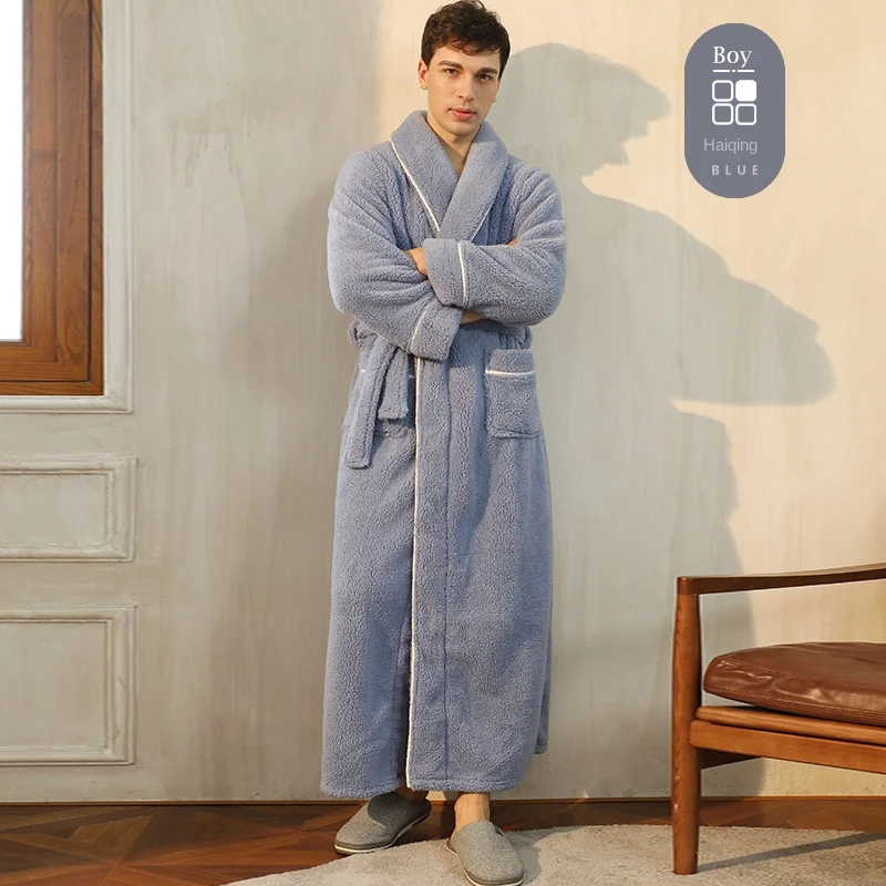 Men's Large Size Light Luxury Cotton Robe, Winter New Thick Comfortable Couple Bathrobe, Women's Extended Pajama