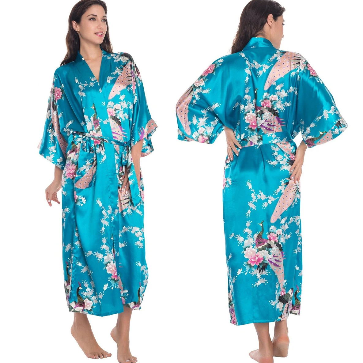 Sexy Print Flower Kimono Bathrobe Gown, New Spring Summer Female Long Robe Nightgown, Casual Silk Satin Home Dress Loung