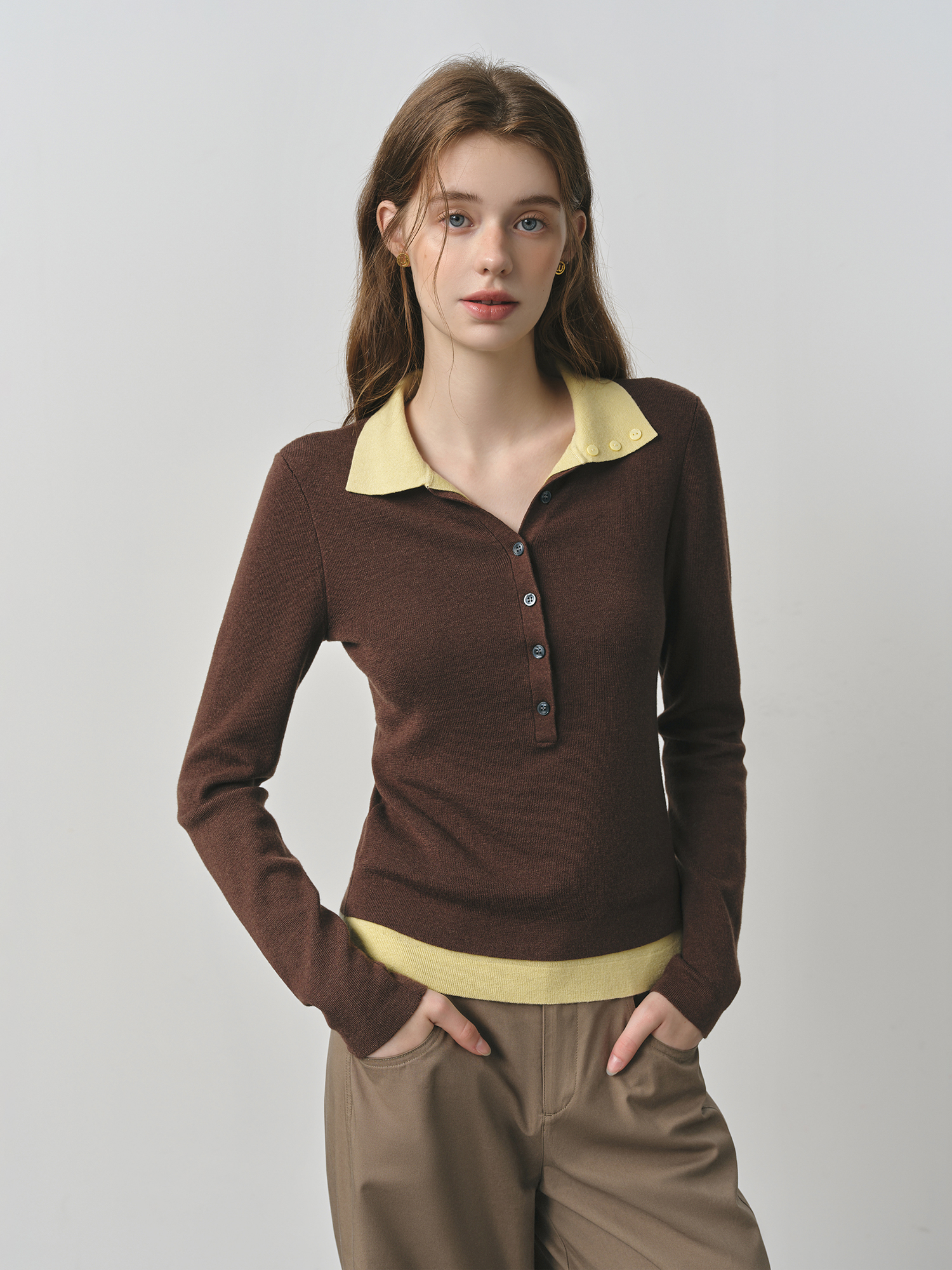 New Autumn Women's Knitted Sweater, Vintage Cozy Cable Knit Top, Color Block Barenia Style, Fake Two-Pieces Turn Collar