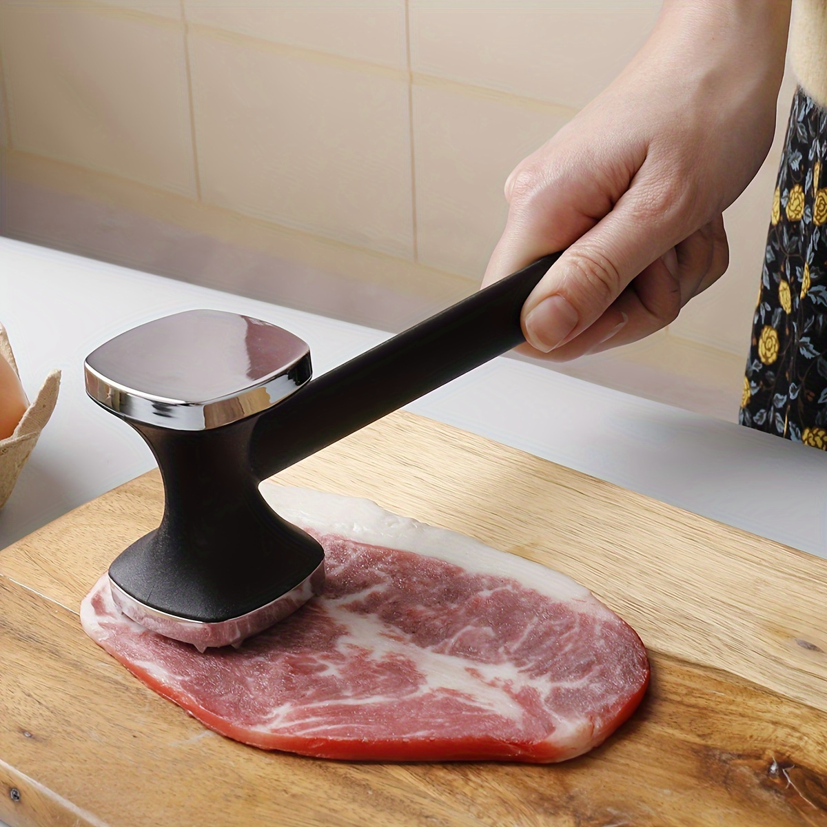 Stainless Steel Heavy Duty Meat Tenderizer Hammer, Rubber Grip for Easy Pounding and Tenderizing in Kitchen