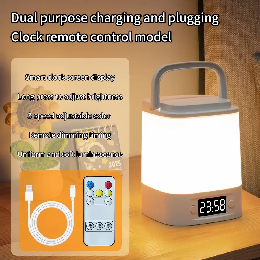USB-Powered LED Night Light with Time Display, Adjustable Brightness Bedside Lamp for Baby Nursery and Reading