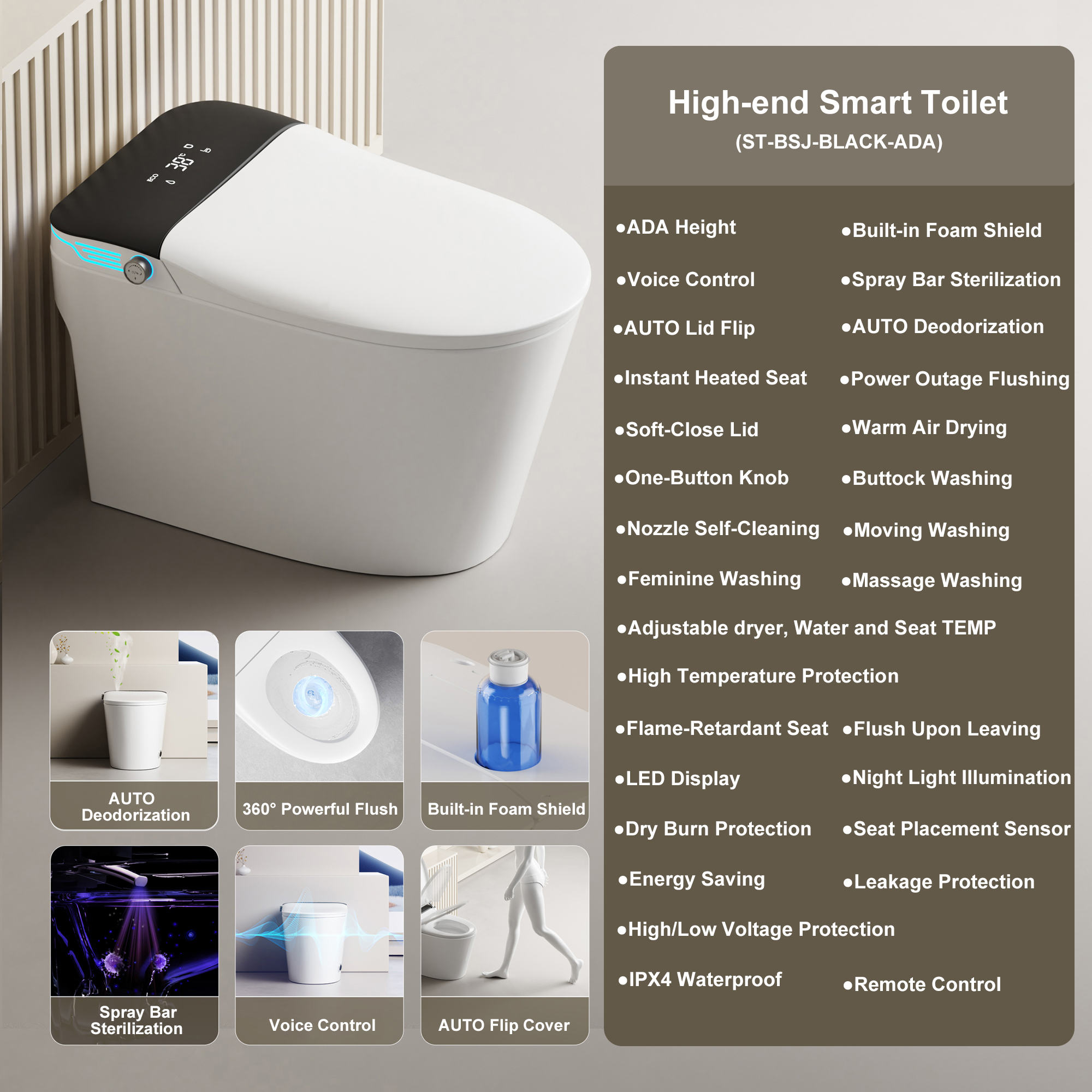 One-Piece Toilet with Built-in Bidet, ADA Bidet Height, Foam Dispenser, Instant Warm Water and Dryer