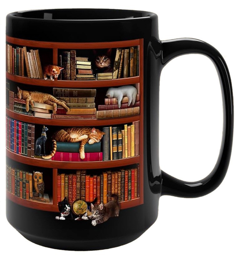 Retro Book Pattern Mug, Literary Black Ceramic Coffee Cup, Vintage Bookshelf Theme, Book Lover Gift Mug