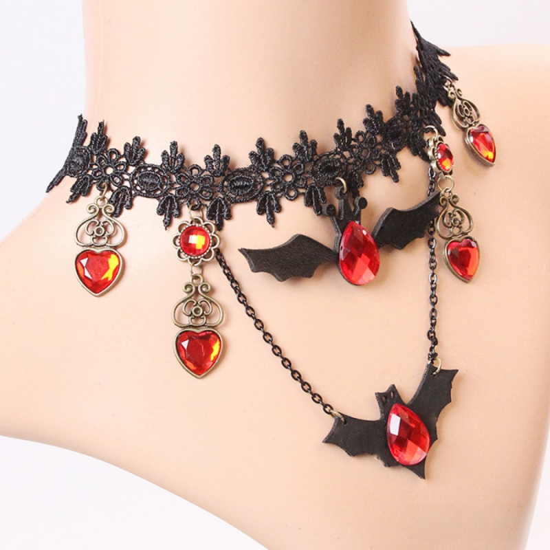 Dark Gothic Necklace with Bat Silhouette and Ruby Heart Pendant, Adjustable Chain