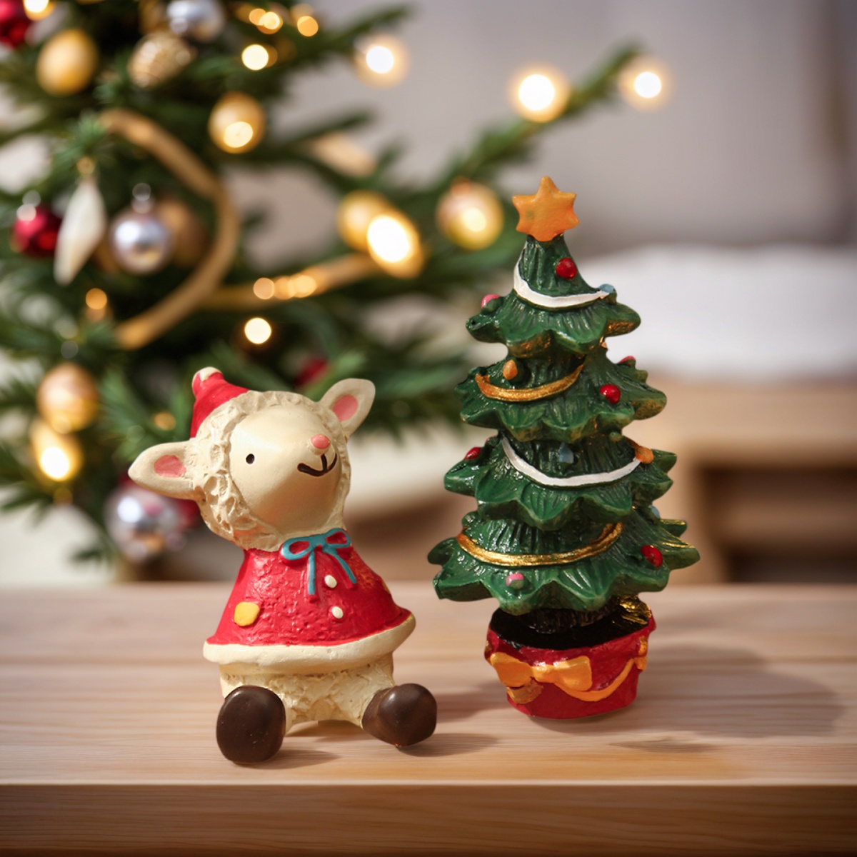 Resin Material Home Decoration with Cute Christmas Lambs and Christmas Tree for Holiday Homes