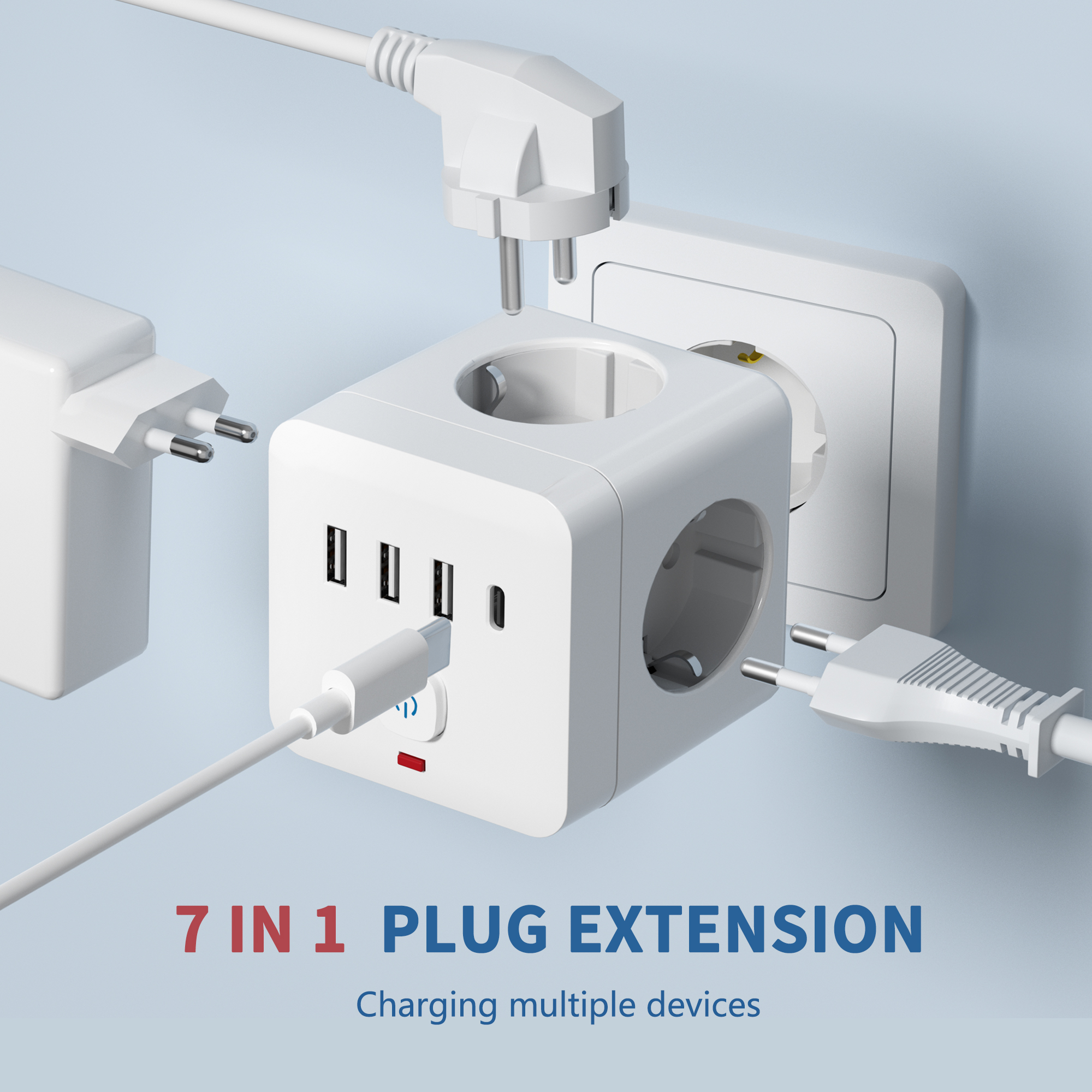 14-in-1 Wall-Mounted Power Strip – 8 AC Outlets + 6 USB Ports (2 Type-C), Overload Protection & One-Touch Switch (White)