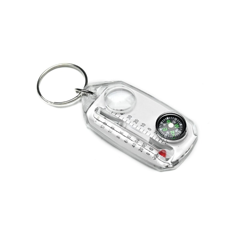 Mini Portable Compass Keychain Survival Tool with Thermometer and Magnifier for Hiking Camping Navigation