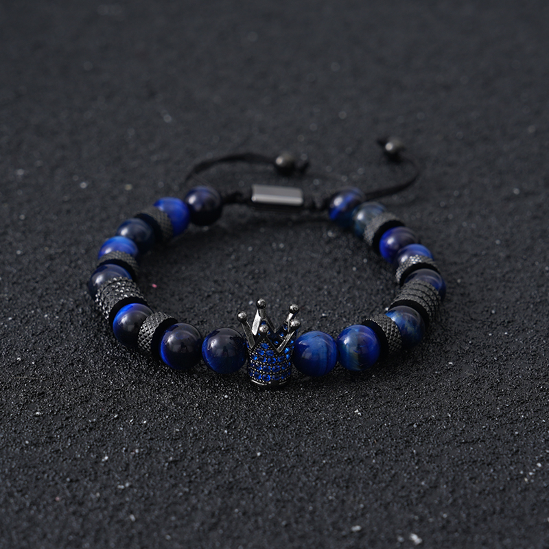 Tiger Eye Bead Bracelet with Crown Charm Stainless Steel Adjustable Unisex Jewelry Gift