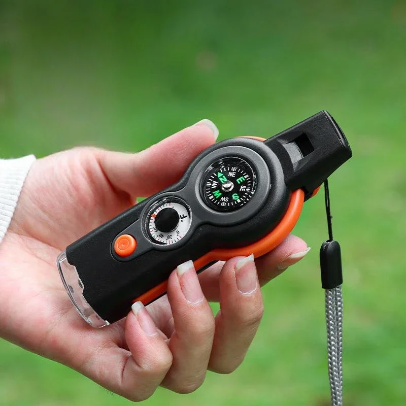 Multifunction Survival Whistle Tool with LED Light Compass Thermometer for Camping Hiking Safety