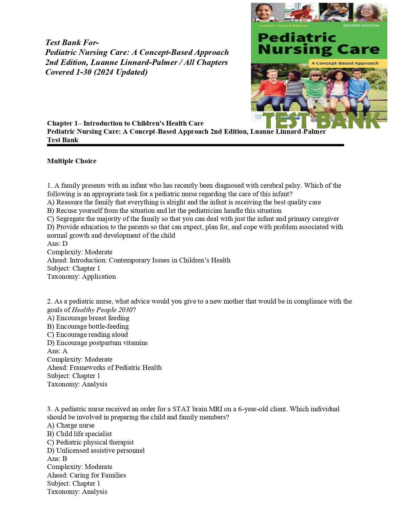 Test Bank For Pediatric Nursing Care- A Concept-Based Approa | Inspire ...