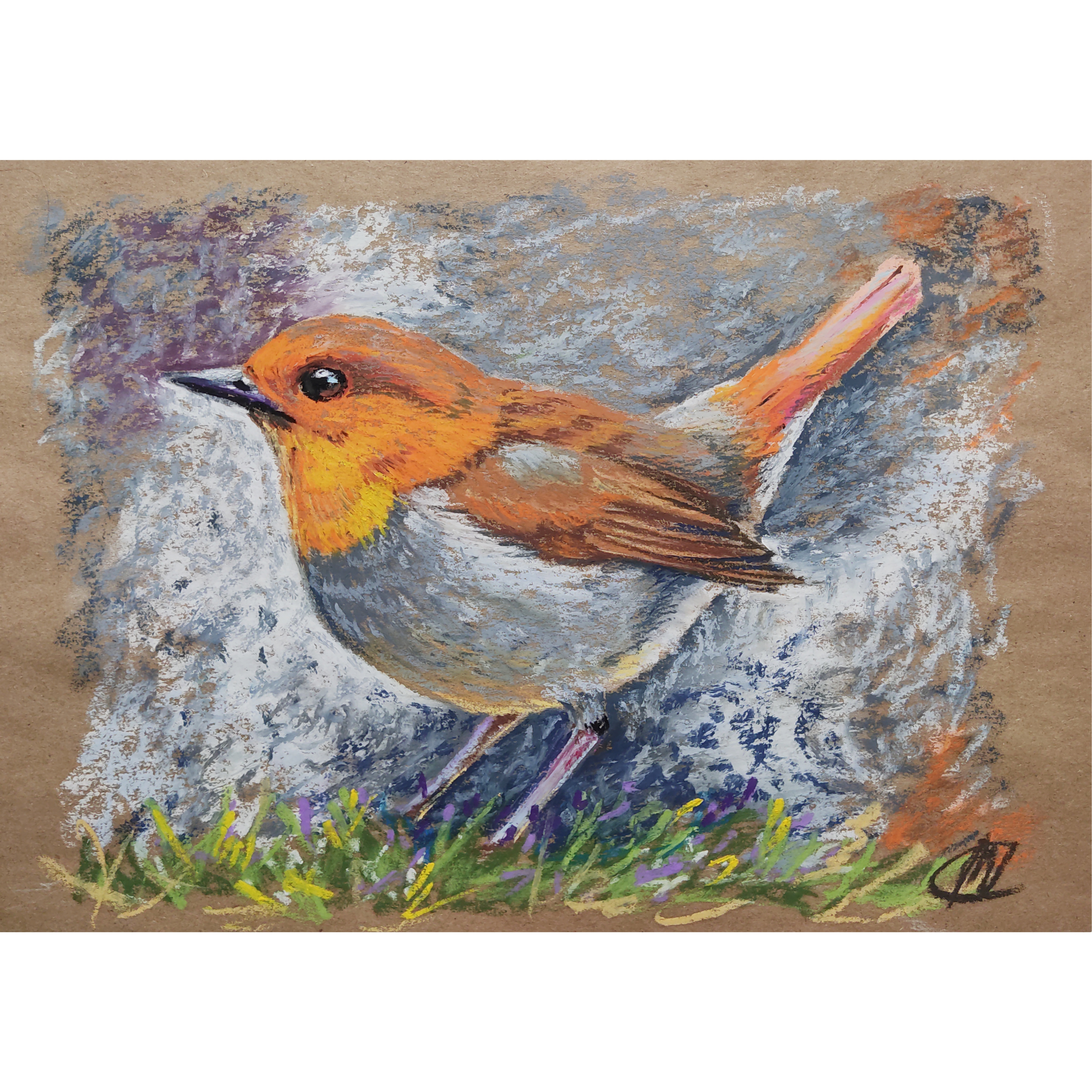 Oil Pastel Painting Original Wall ART - Bird ROBIN - 020 | Inspire Uplift