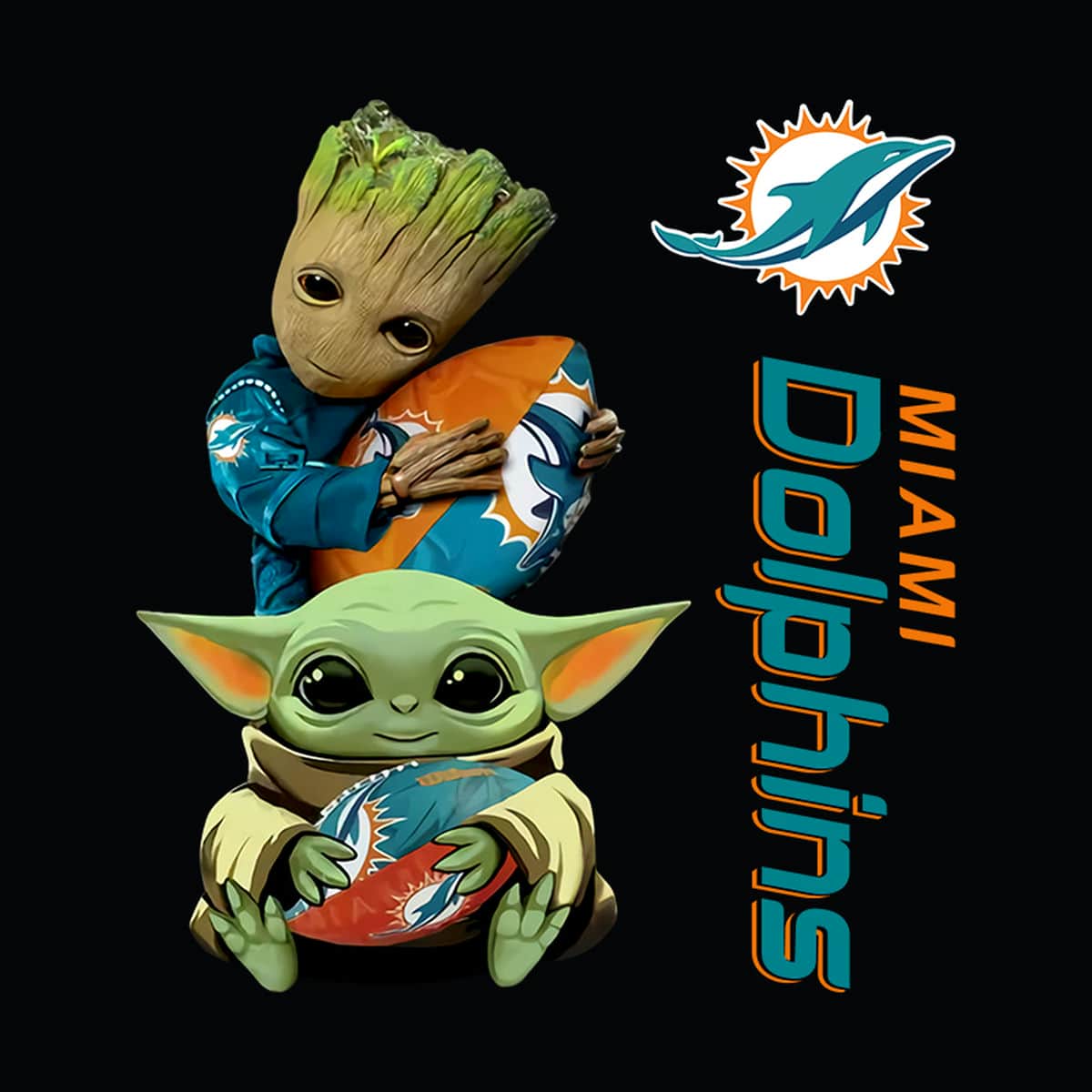 Baby Yoda And Groot Hug Miami Dolphins Nfl PNG | Inspire Uplift