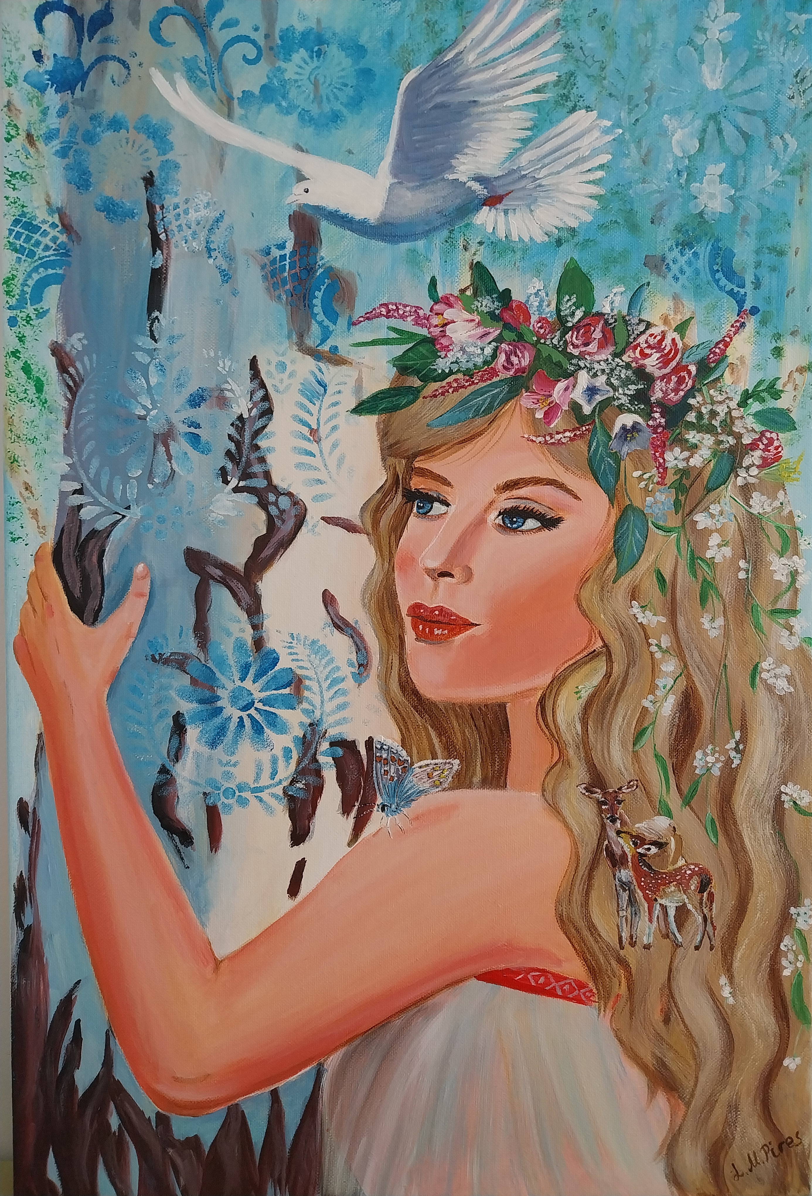 Girl with a flower wreath on her head portrait acrylic 40x60 | Inspire ...