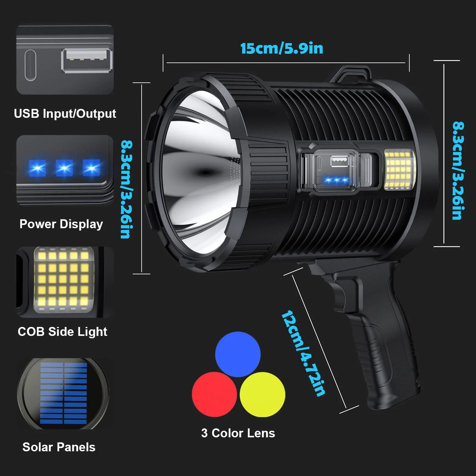Rechargeable Spotlight Lumens, Handheld Super Bright LED Spot Lights, Solar Powered Searchlight with Side Floodlight
