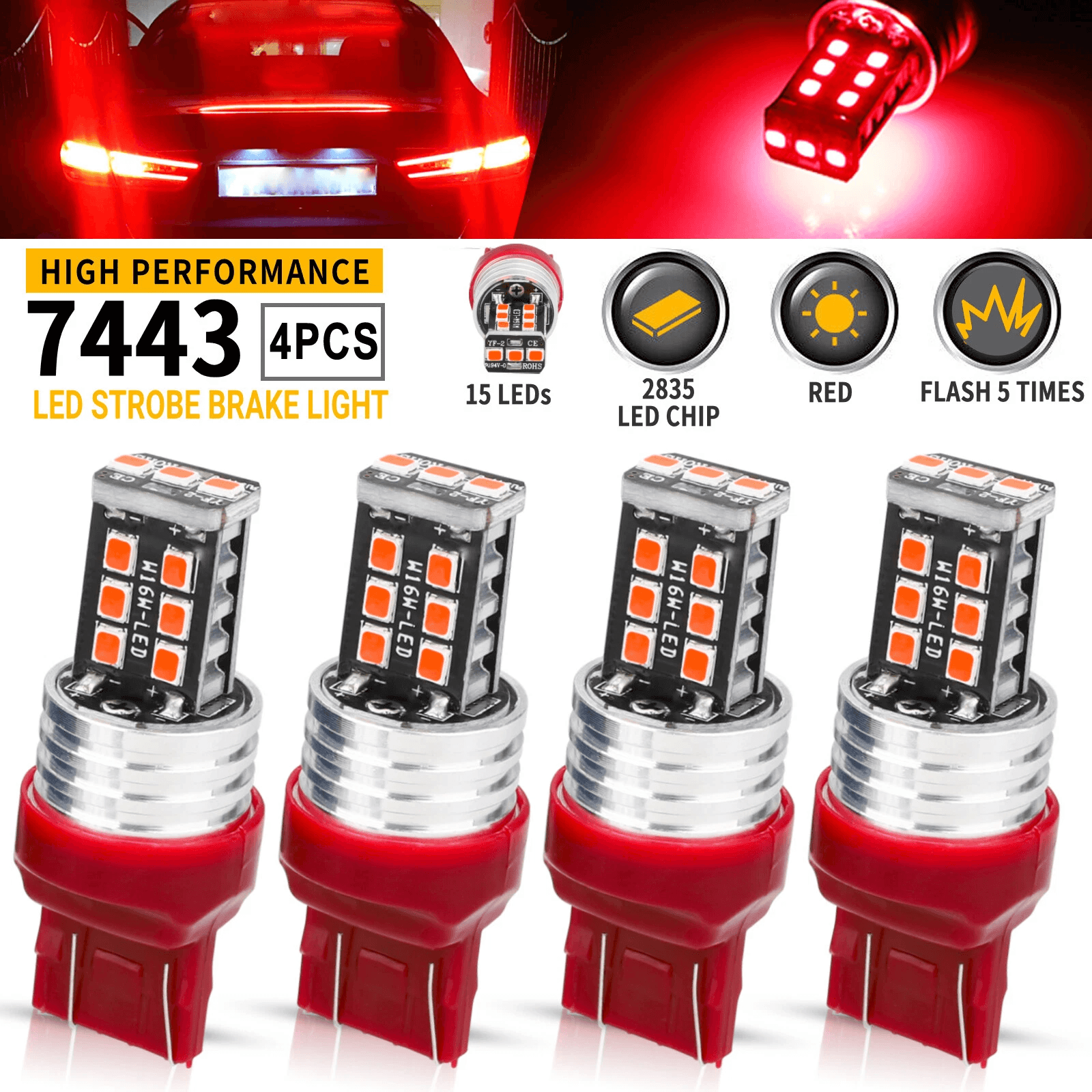 LED Red Strobe Brake Tail Parking Lights, Flashing Stop Bulbs, Brighter, Plug Play with Heat Dissipating Housing