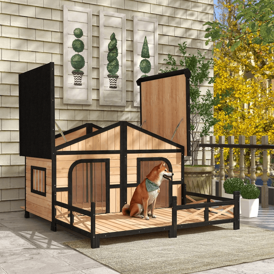 Wooden Elevated Backyard Dog House Kit, All Weather Rustic Log Cabin Outdoor Pet Shelter for Small & Large Dogs