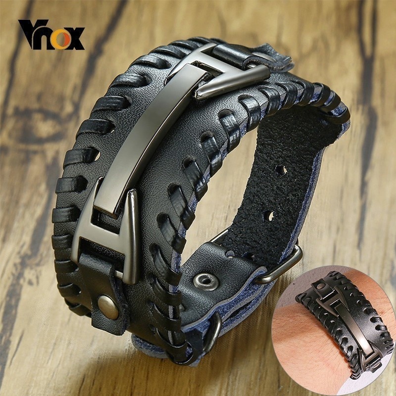 Vnox Wide Leather Wristband for Men Stylish Genuine Leather