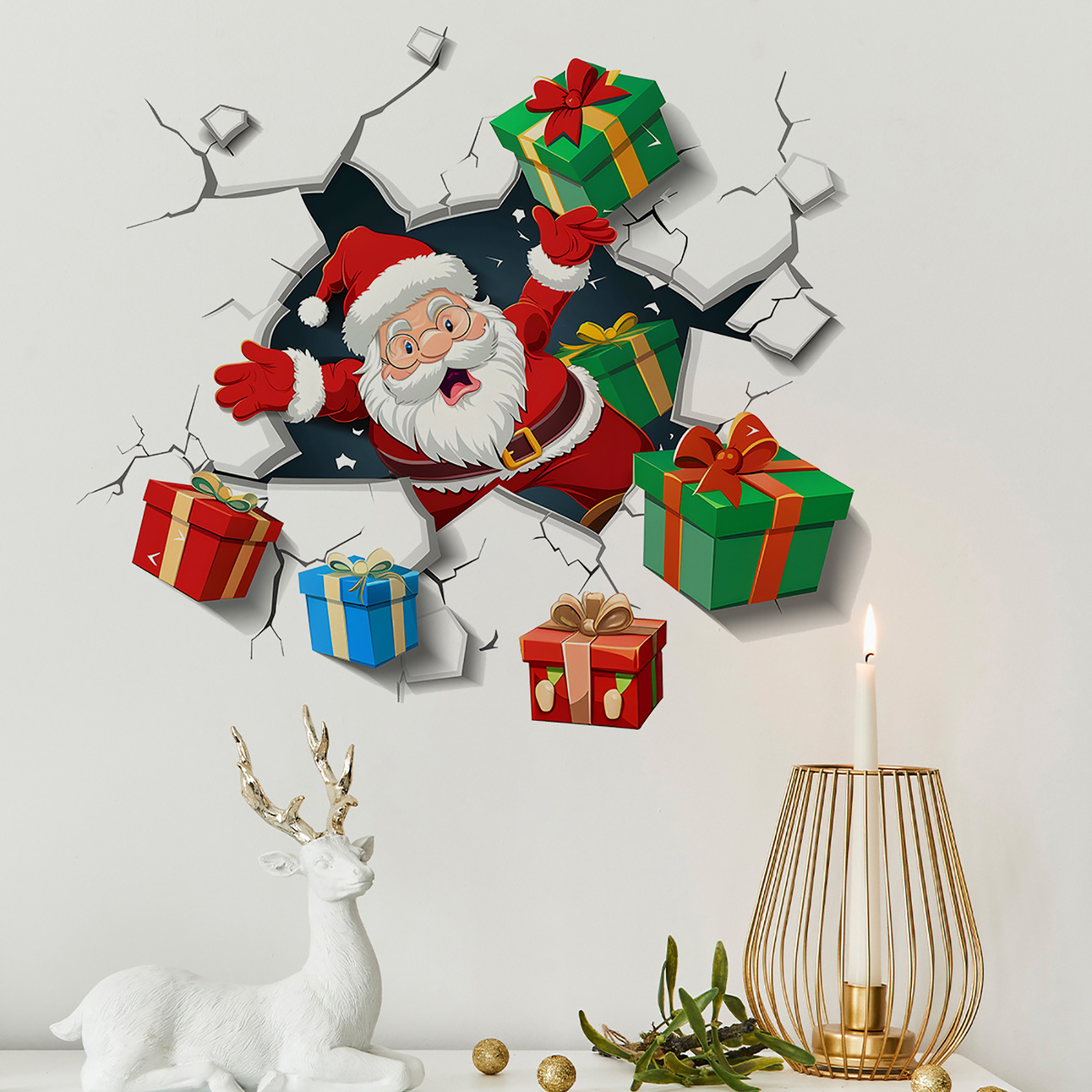 Christmas Wall Decoration Wallpaper, Wall Santa Claus With Gifts Visual Effect Stickers for Living Room