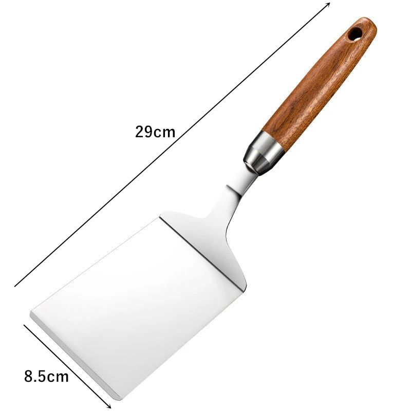 Wood Handle BBQ Utensils, Stainless Steel Square Head Steak Turner, Cooking Spatula Pizza Shovel, Pancake Beef