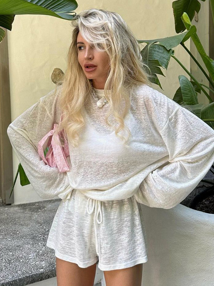 Women's Summer Lounge Set Long Sleeve Pullover & High Waist Shorts