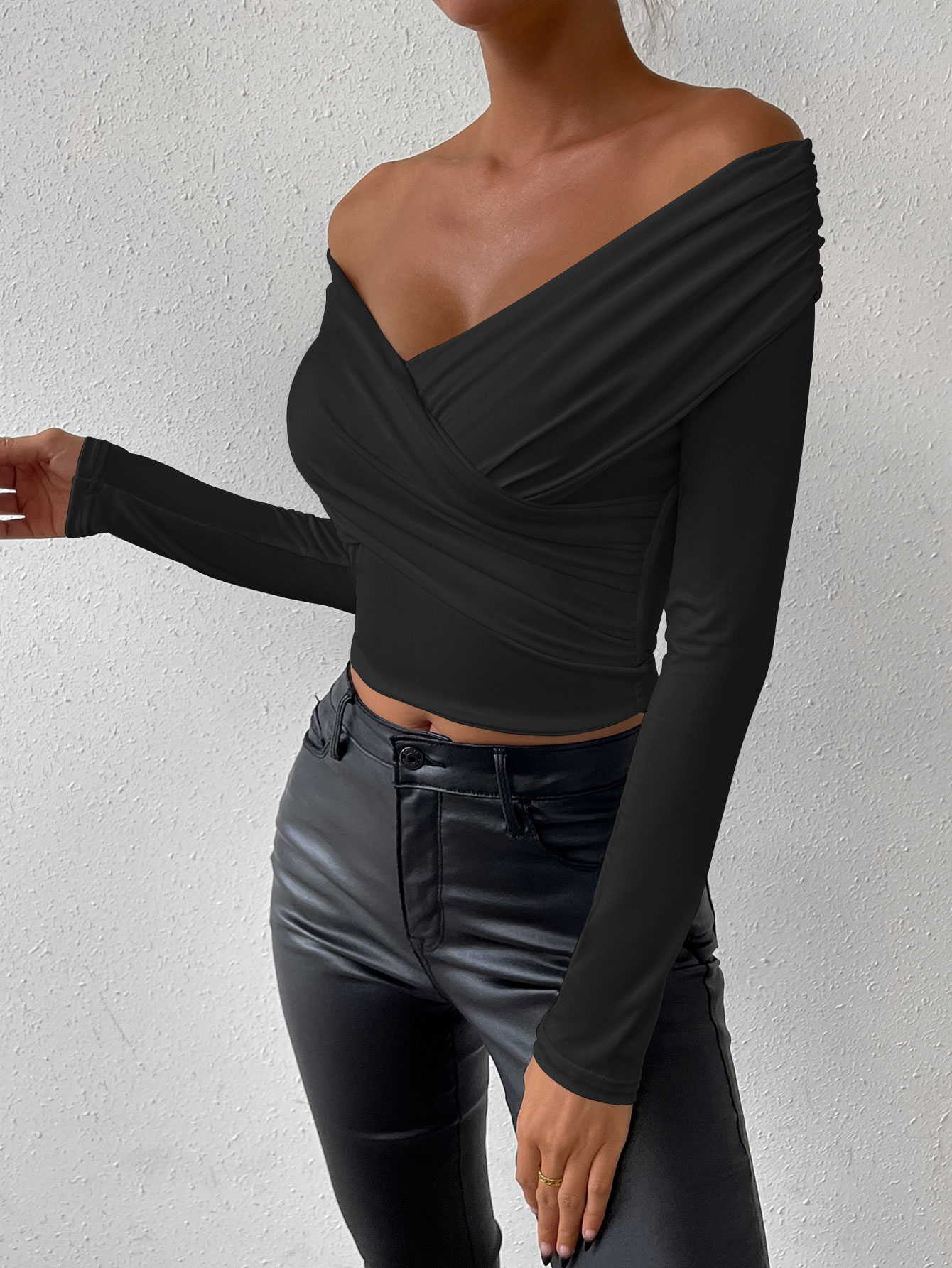 Womens Deep V Neck Off Shoulder Slim Fit Pleated Long Sleeve Top