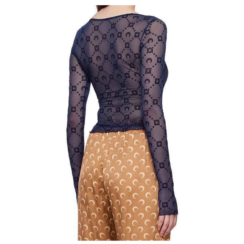 Moon Muse Korean Mesh Long Sleeve Top Hollow Out Moon Print Fitted Streetwear Shirt
