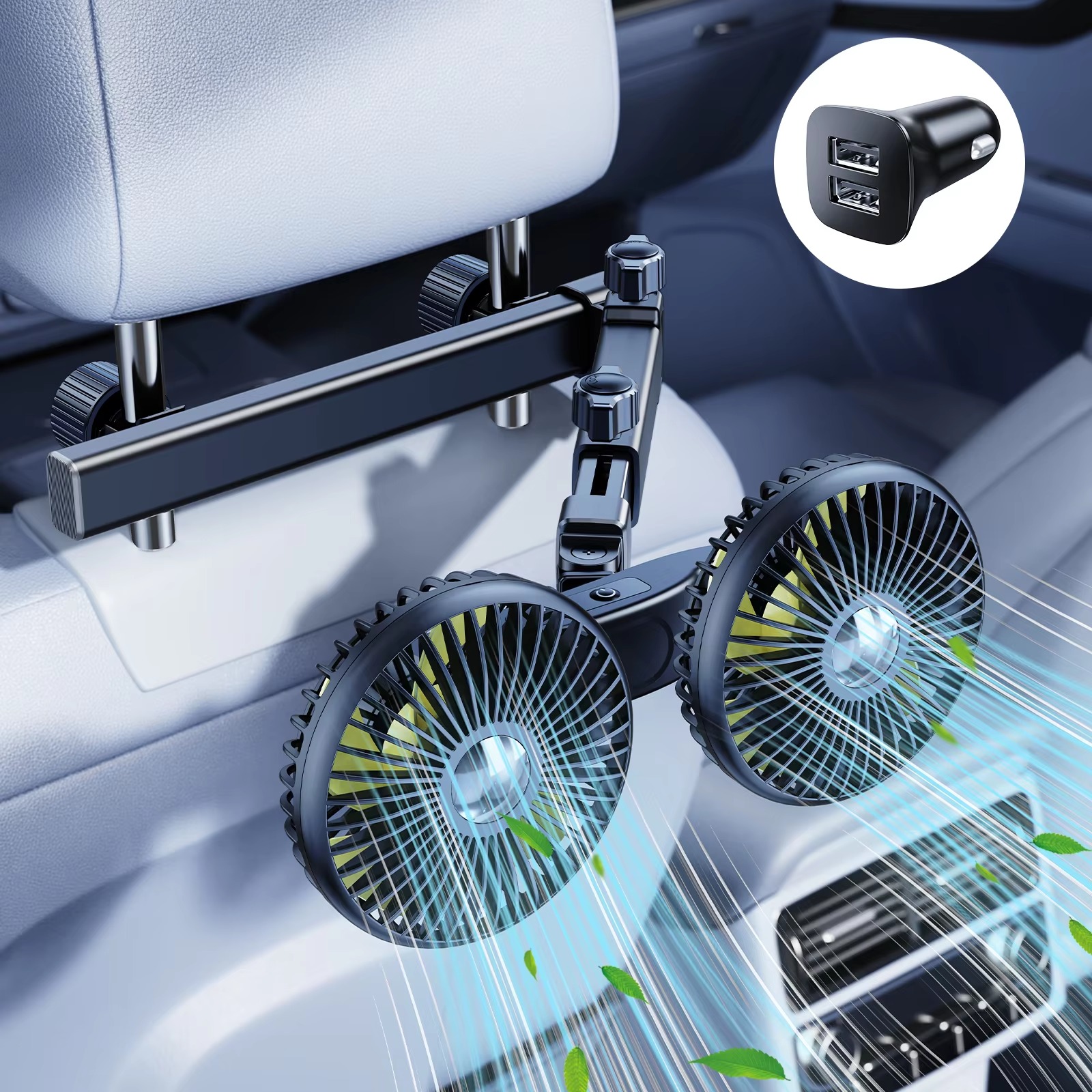 Dual Head Car Seat Fan USB Adjustable Speed Backseat Cooling Fan