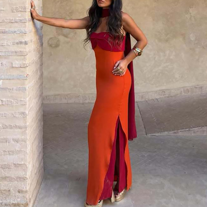 Elegant Color Block Halter Maxi Dress High Waist Hollow Out Vacation Dress for Summer Evening