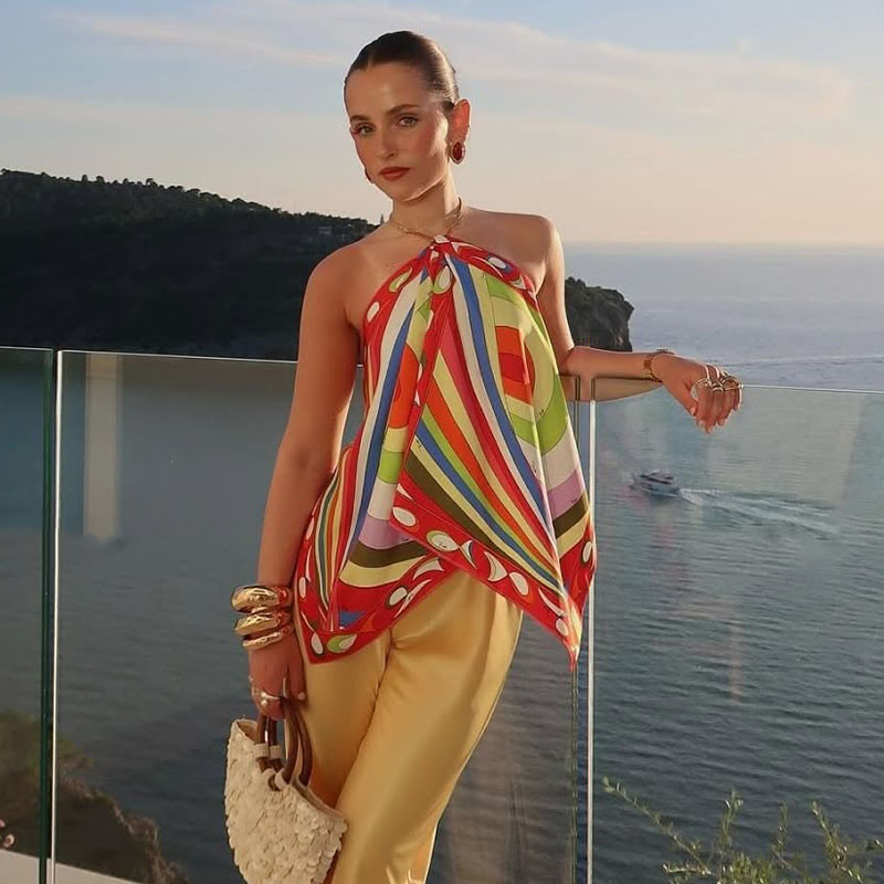 Sunset Breeze Striped Halter Top for Women Backless Summer Beach Tank with Ruffle Hems