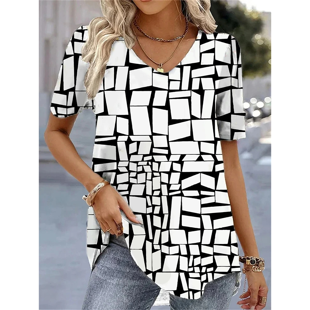 Funny Striped V Neck Womens T Shirt Loose Fit Casual Summer Tee