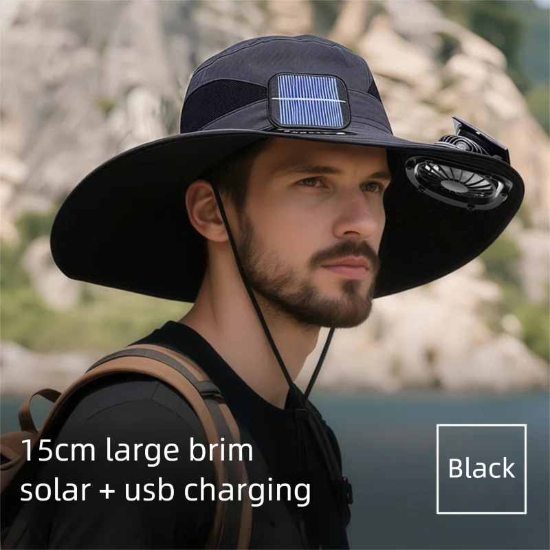Solar Fan Hat with Dual Cooling Fans USB Rechargeable Wide Brim Sun Hat for Fishing & Hiking