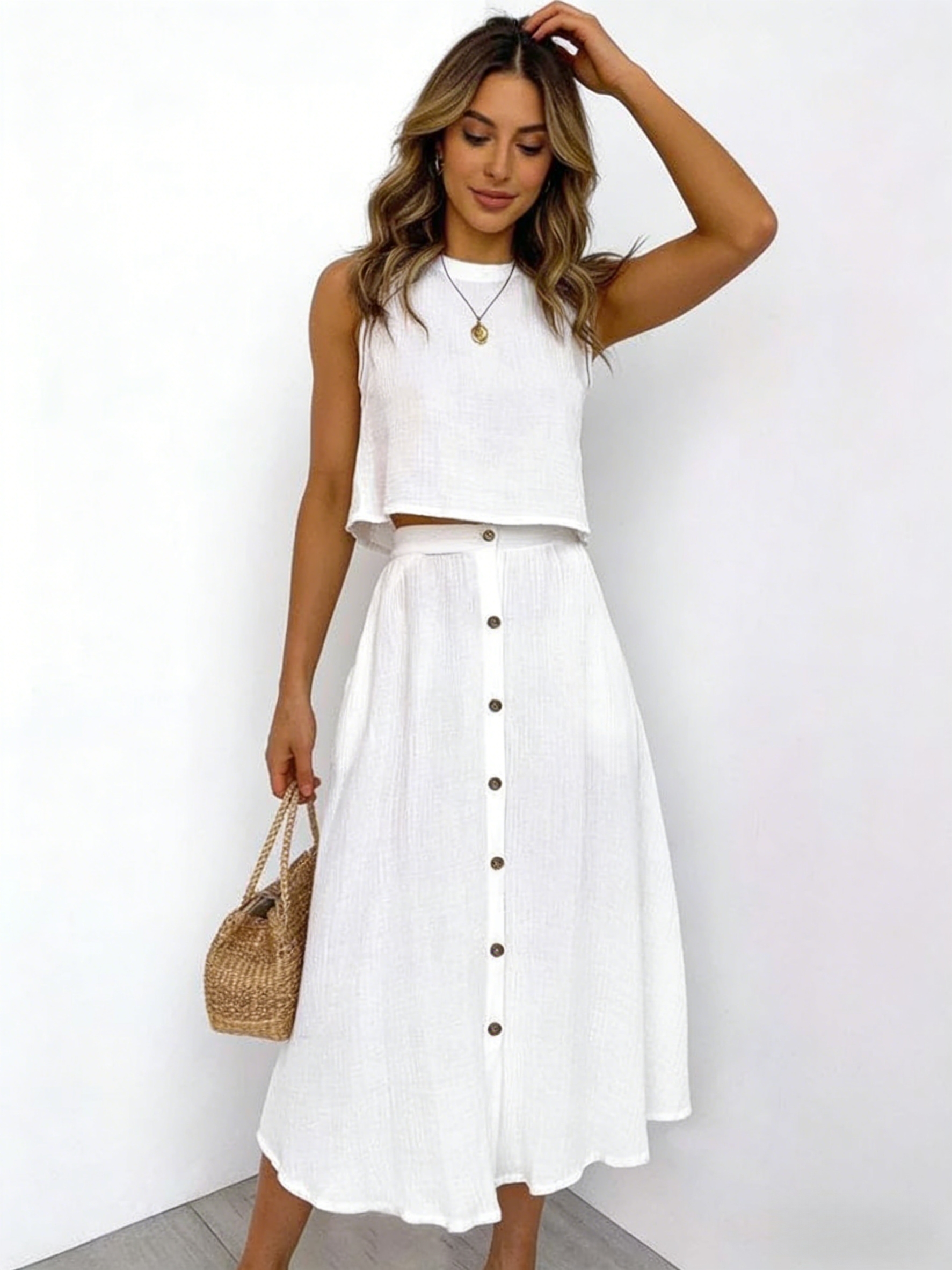 Women's Linen Set Sleeveless Crop Top & Midi Skirt Summer Outfit