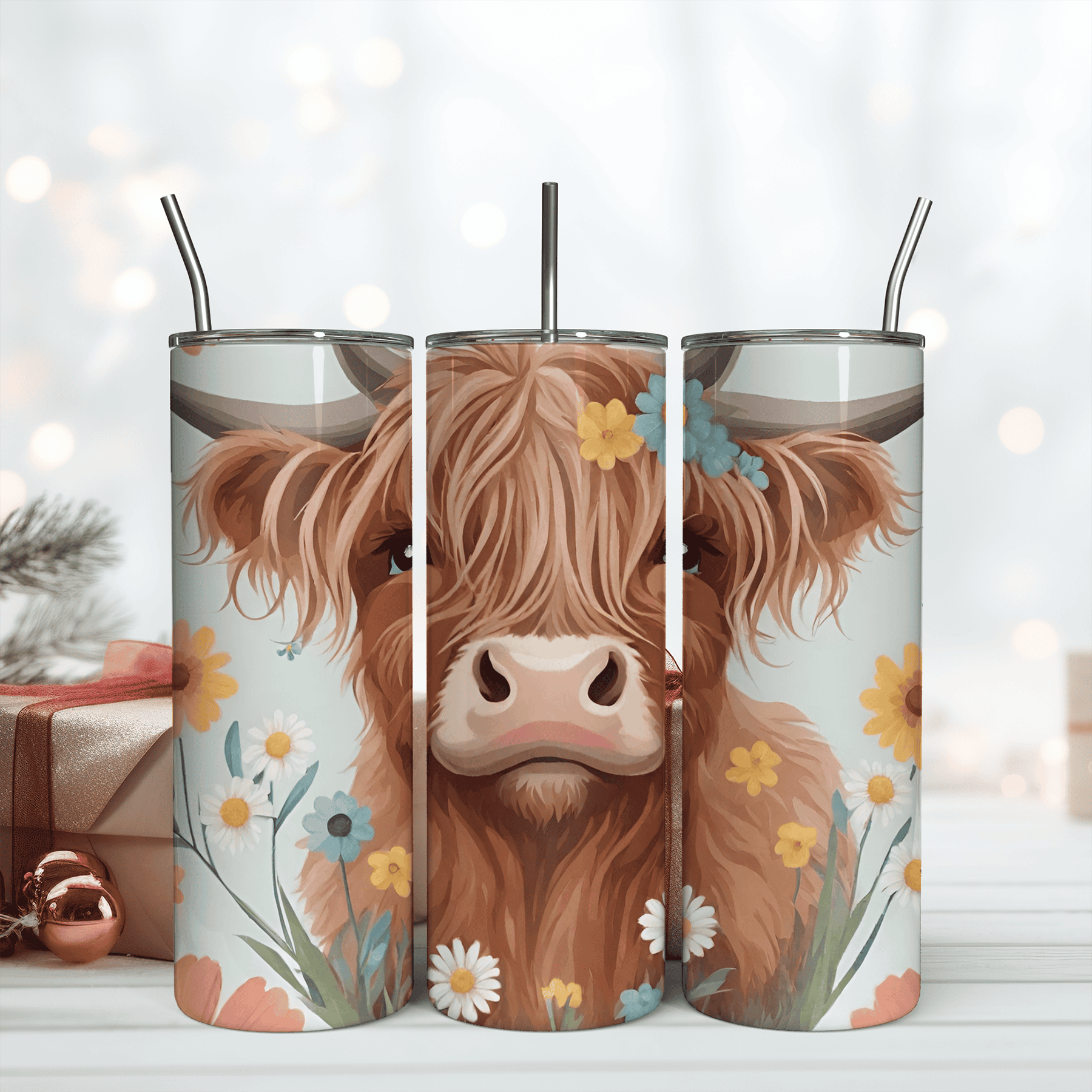 Floral Highland Cow 20Oz Tumbler Wrap, Boho Flowers Png Tumb - Inspire ...