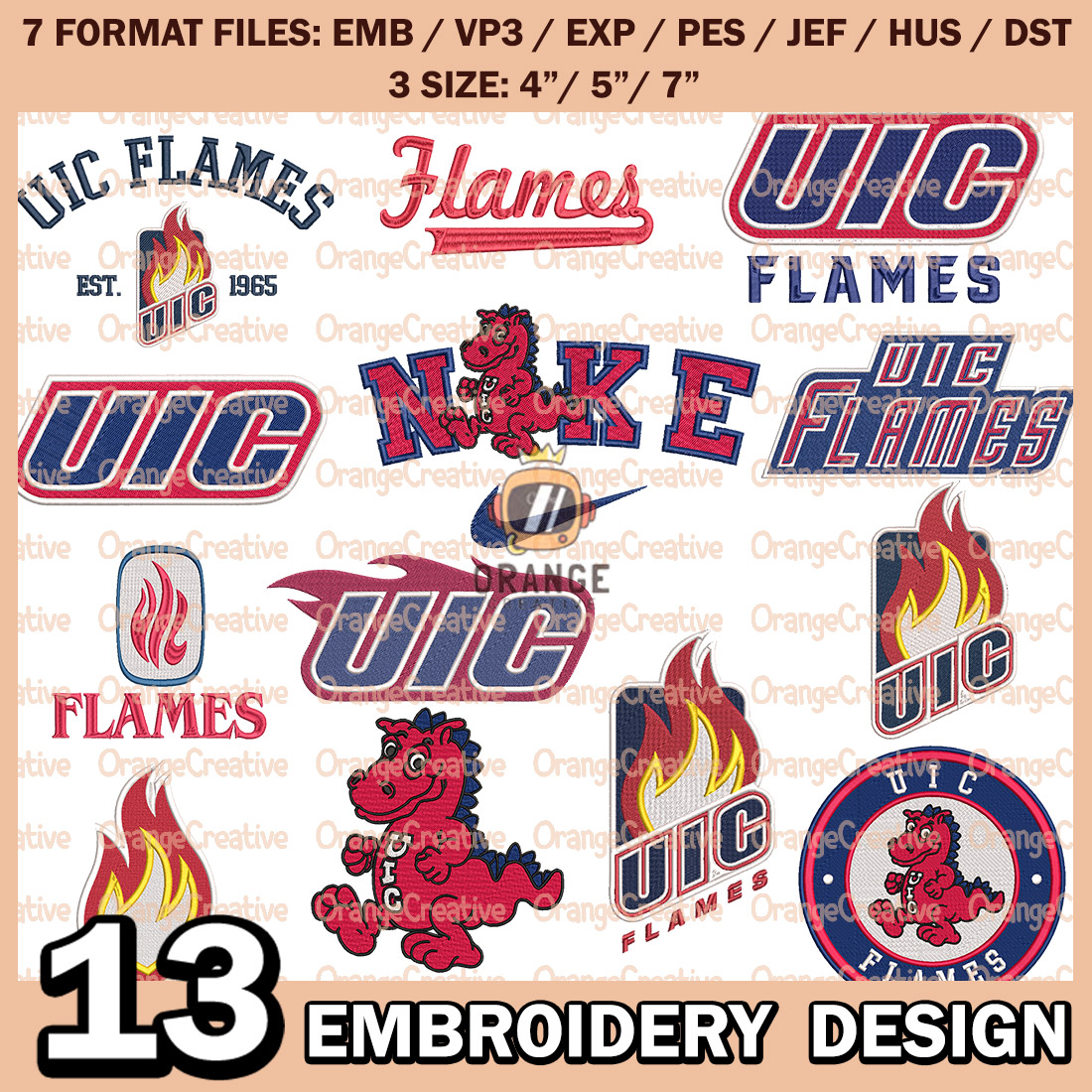 Uic Monogram 13 UIC Flames Logo Bundle Emb files, NCAA Bundle Embroidery | Inspire ...