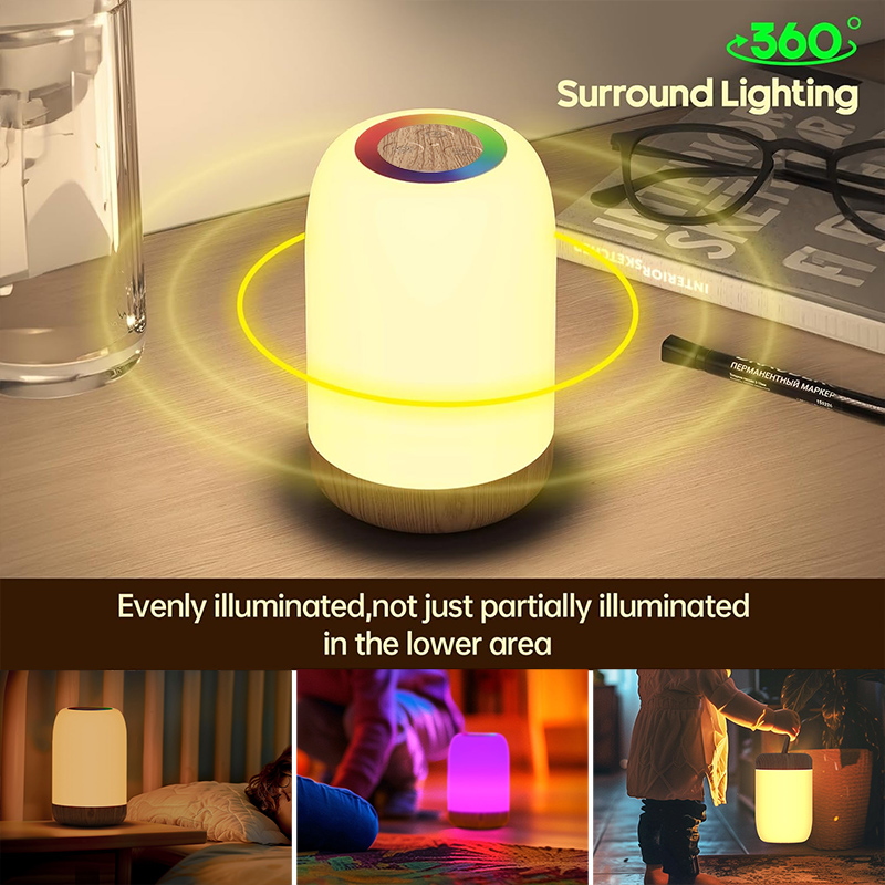 USB Rechargeable Night Light, LED Touch Lamp with Dimmable RGB Colour, Wood Grain Table Lamp with Timing Function