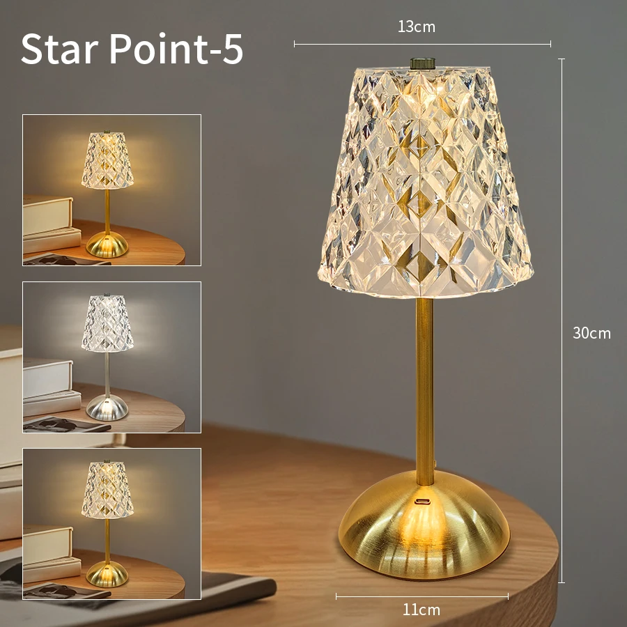 Rechargeable Crystal LED Table Lamp, Touch Sensor, Dimmable Desktop Night Light for Bedroom, Bedside, Hotel, Bar Decor