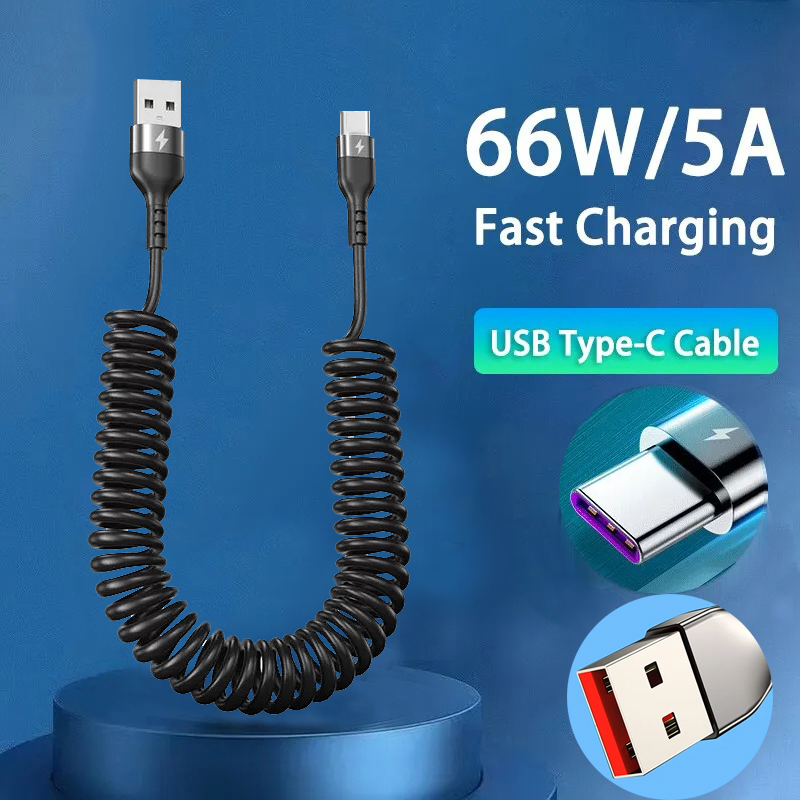Type C to Type C Spring Telescopic Cable, USB Type C Car Fast Charging Cord