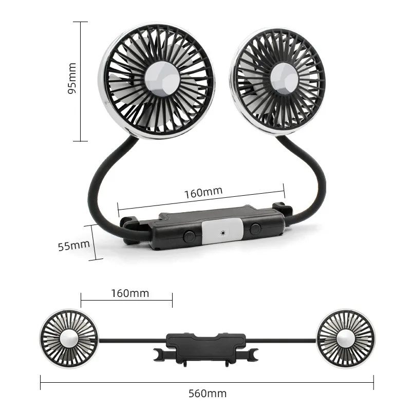 Rotating Dual Head USB Car Back Seat Fan with Speed Cooling for Cars and SUVs