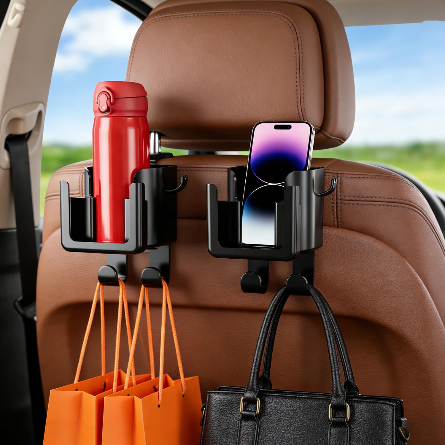 Car Seat Back Organizer with Cup Holder Storage Box and Phone Holder Hook