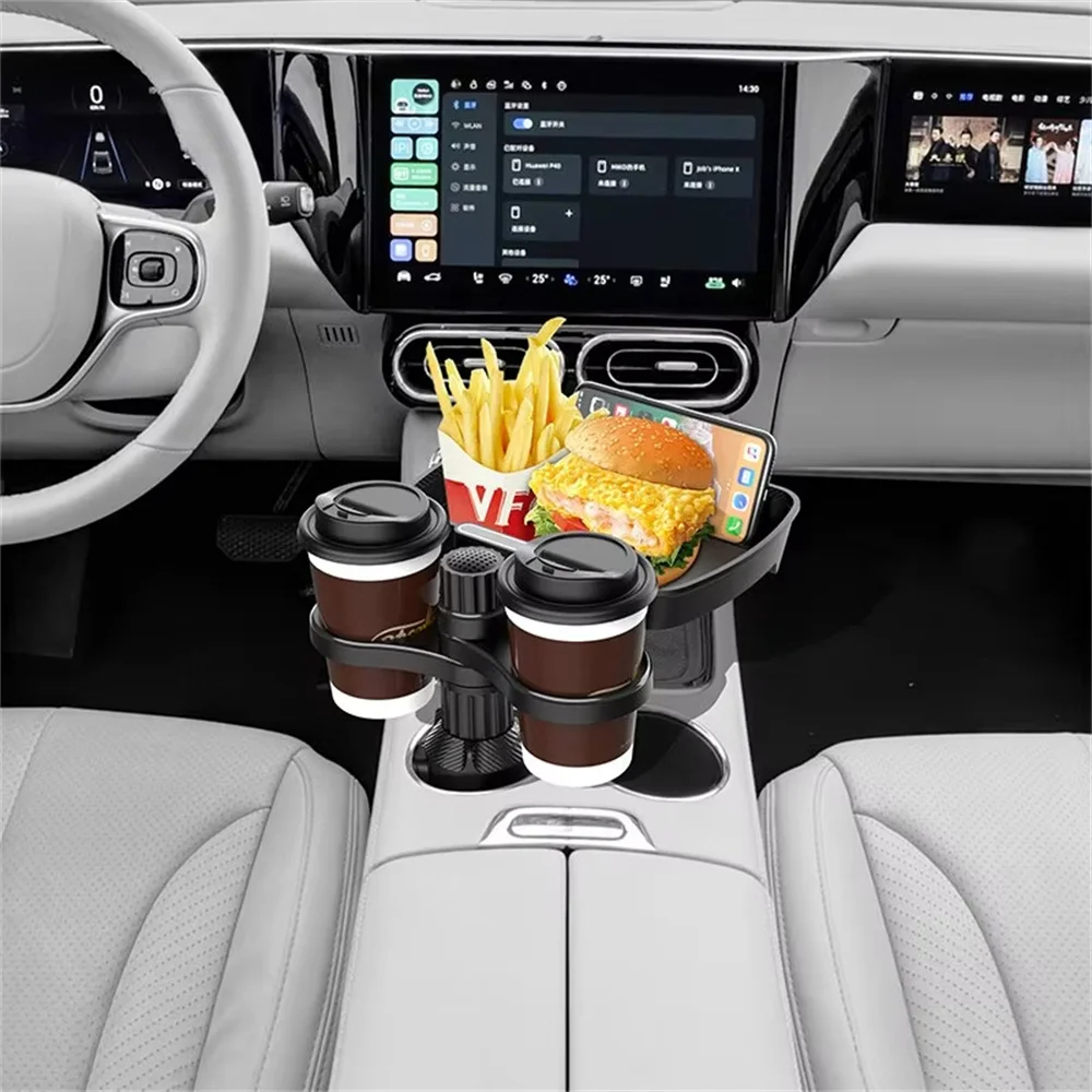 Rotating Car Cup Holder Expander with Snack Tray Adjustable Dual Drink Holder for SUV Truck and Car