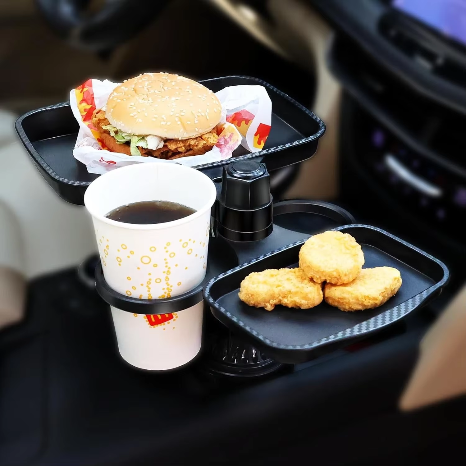 Car Cup Holder Tray Expandable Car Food Tray with Rotating Table for Road Trips