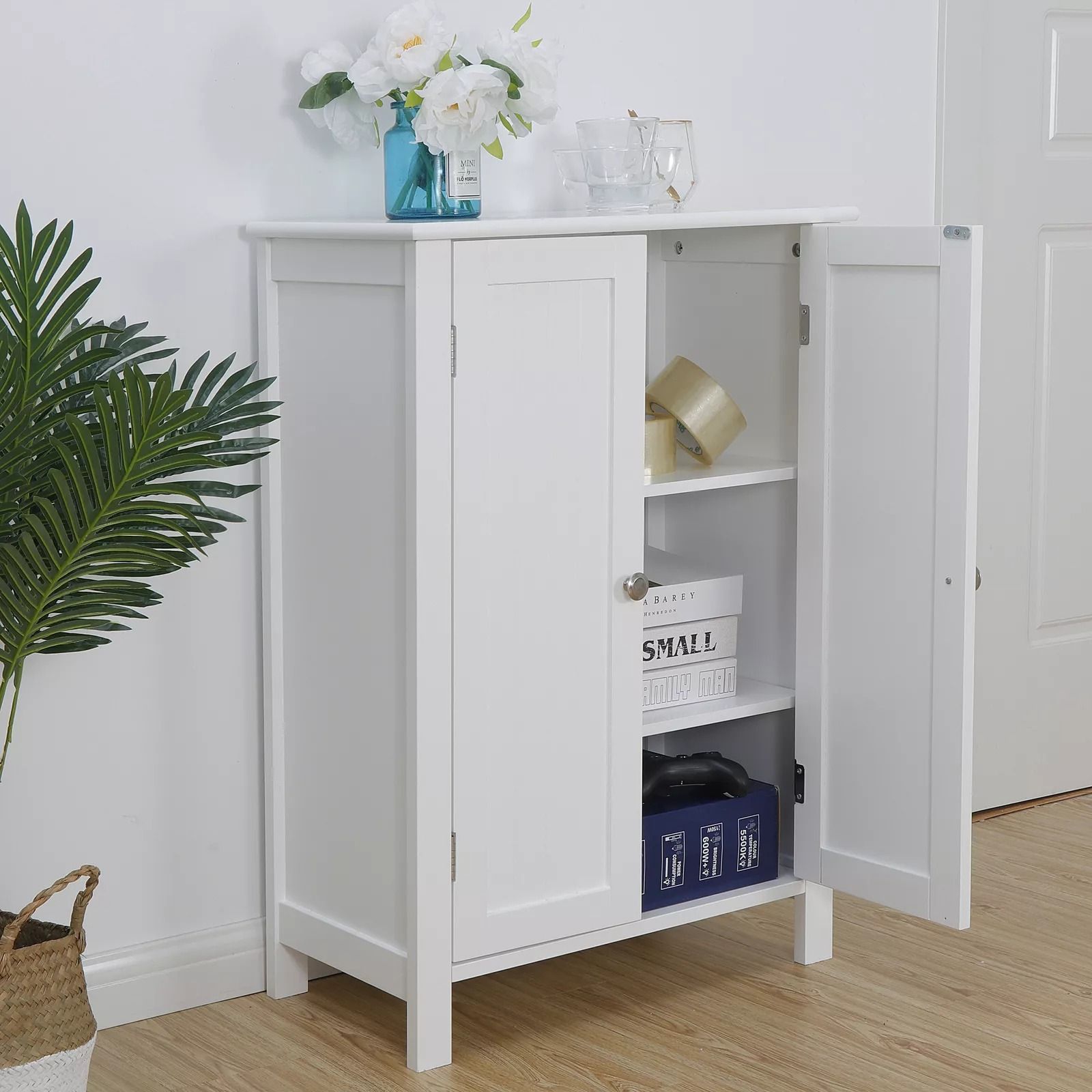 White Wooden Bathroom Floor Cabinet – 3-Shelf Storage Cupboard, Free Standing Organizer for Bathroom Essential