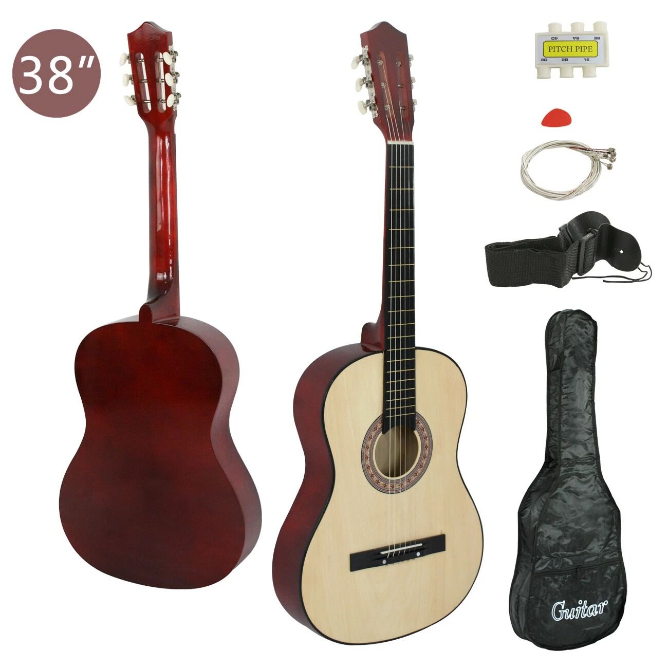 38" Wooden Beginners Acoustic Guitar Set with Case, Strap, Pick – Natural Finish for Right-Handed Players