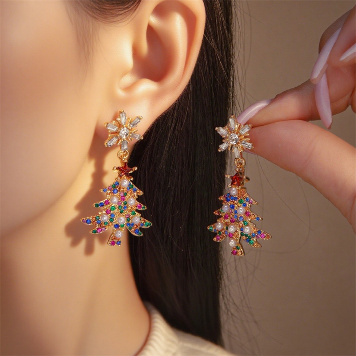 Pearl Snowflake Earrings, Christmas Rhinestone Imitation Star Tree Bell Drop Dangle Jewelry, Holiday New Year Gift