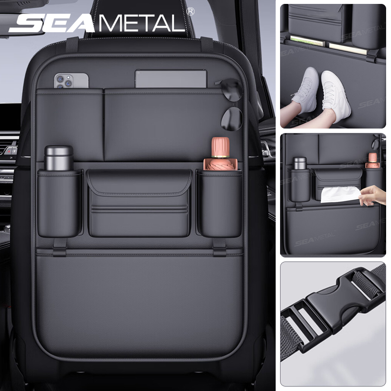 Waterproof Anti Kick Pad Car Backseat Organizer, 6 Pocket Car Seat Back Storage Bag, Wear Resistant Tissue Cup Holder