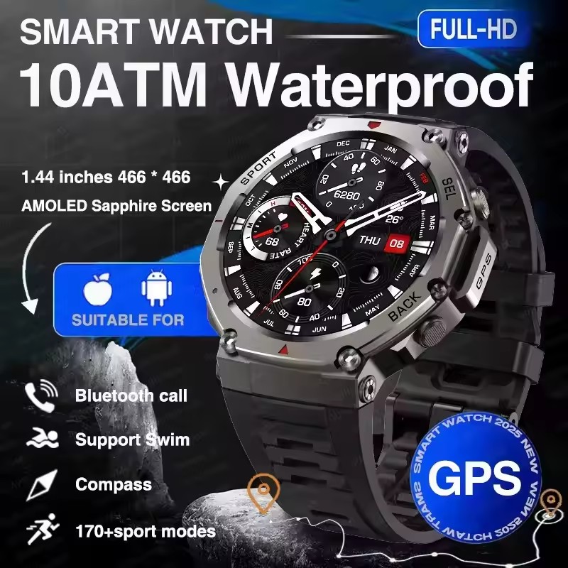 Military Smartwatch with Bluetooth Calling, GPS, Compass and 10ATM Waterproof