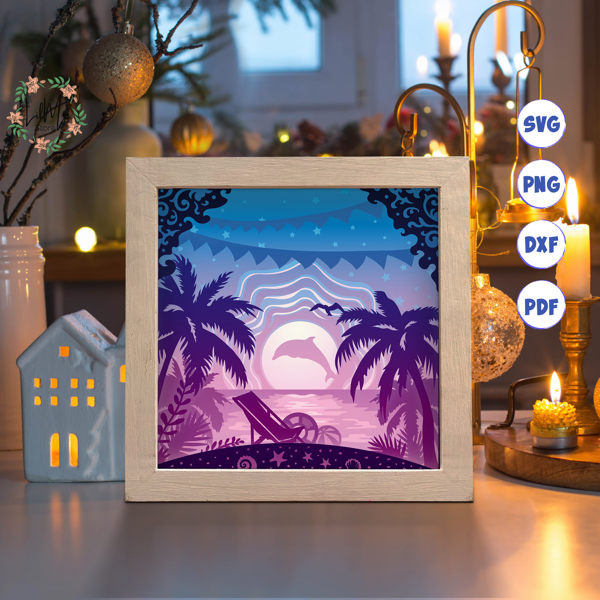 Beach Sea Paper Cut Light Box Template, 3D Shadow Box SVG Fi | Inspire ...