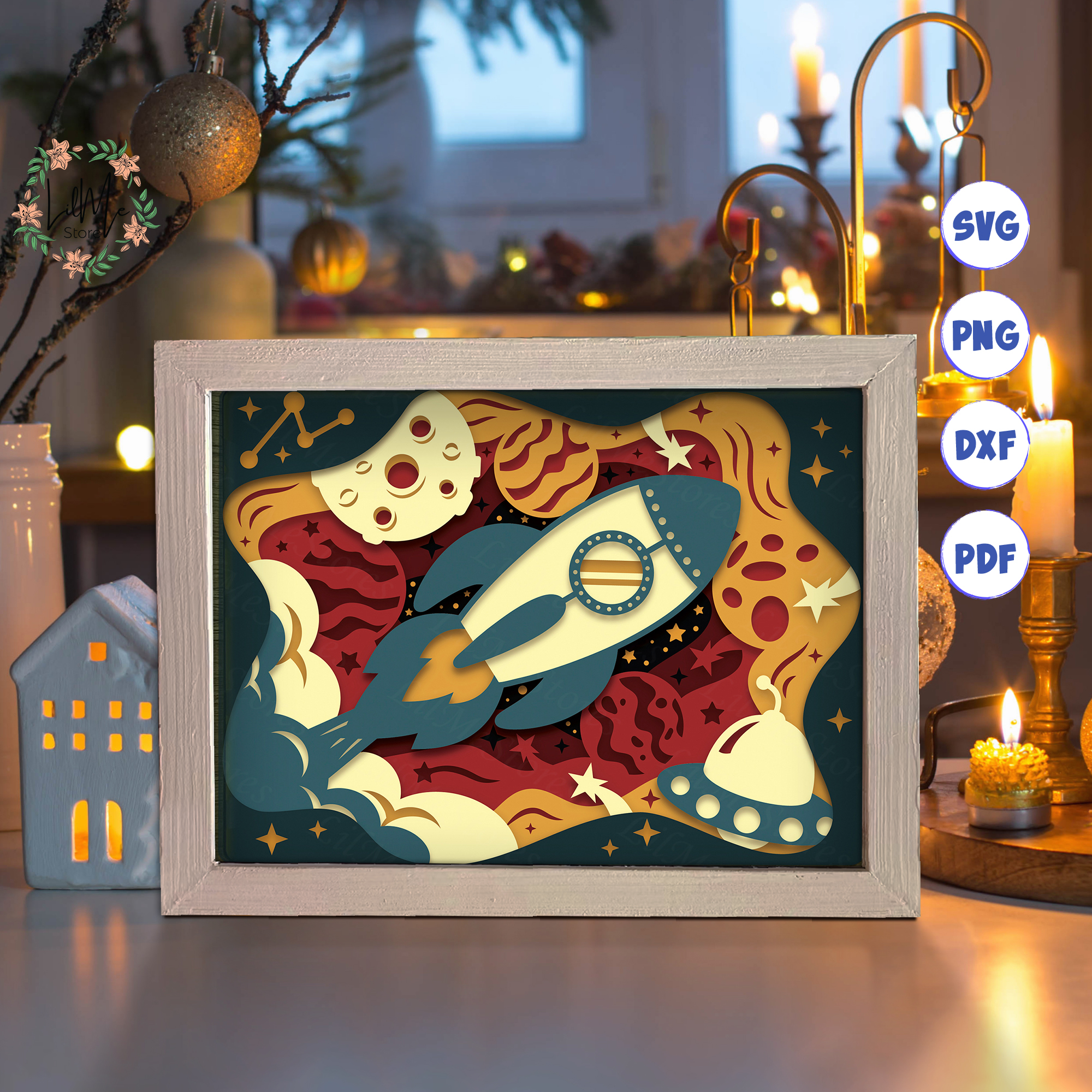 Rocket Paper Cut Light Box Template, 3D Shadow Box SVG Files | Inspire ...