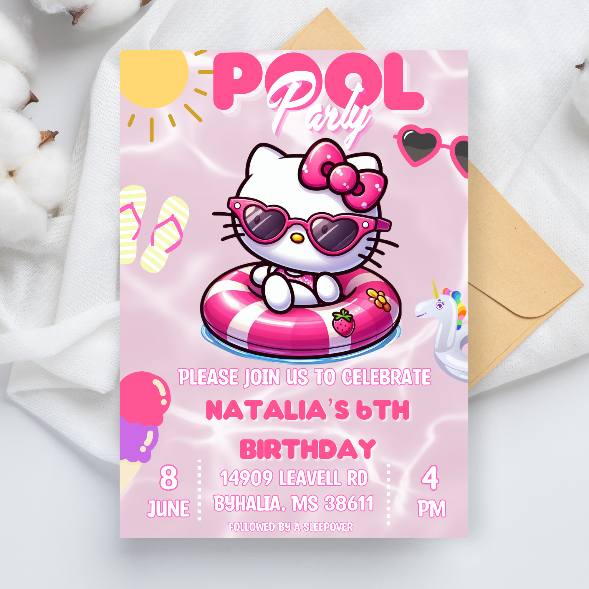 Hello Self Hello Kitty Pink Pool Party Invitation Self-Editable in Canv | Inspire ...